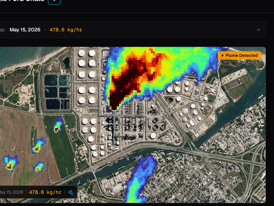 EMSat Monitor site detail showing Eagle Ford Shale with a methane plume detection heatmap and 478.6 kg/hr emission reading