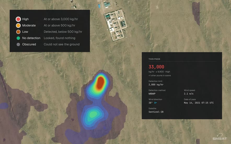 EMSat Monitor site detail showing Eagle Ford Shale with a methane plume detection heatmap and 478.6 kg/hr emission reading