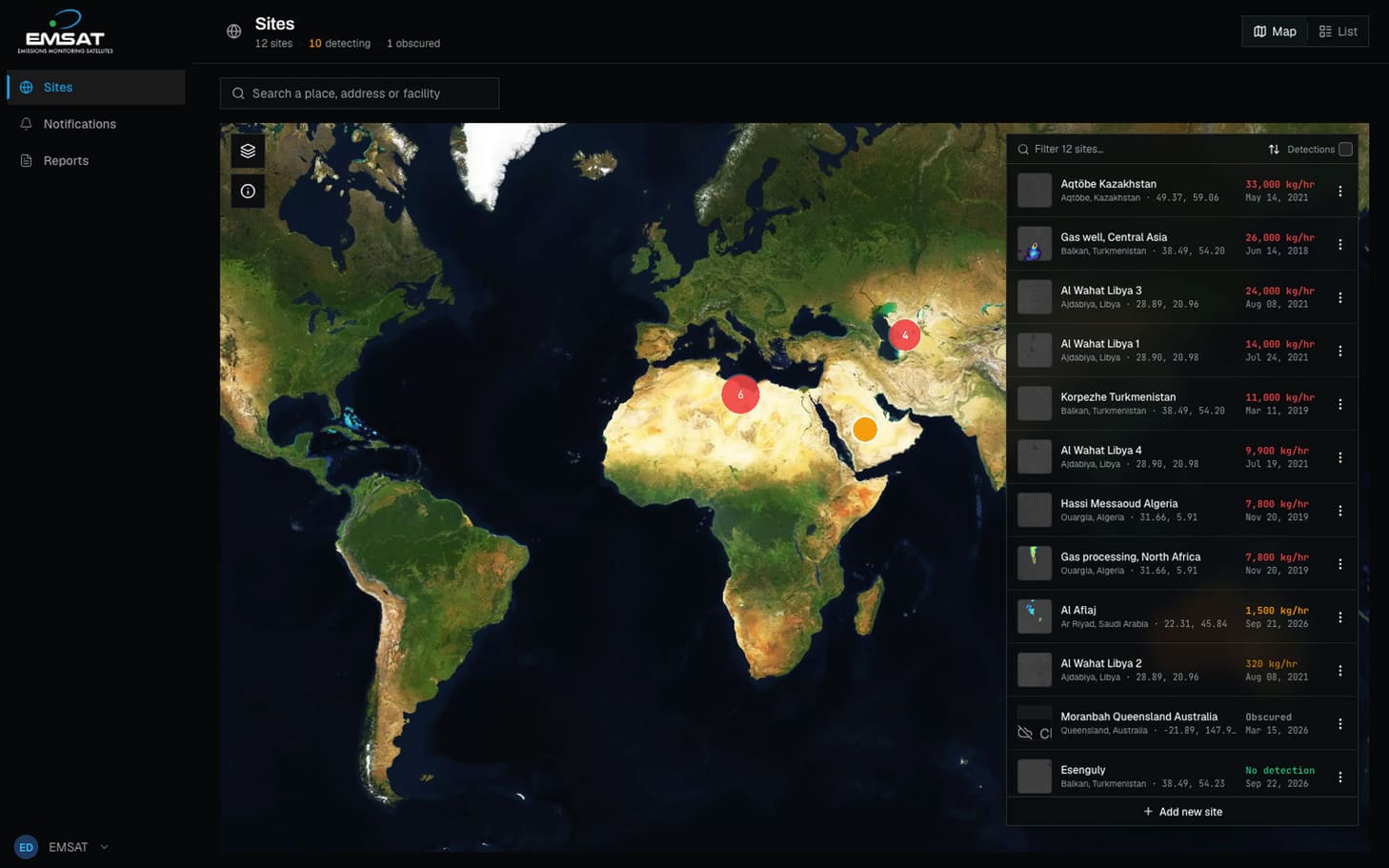 EMSat Monitor multi-site dashboard showing Permian Basin, Delaware Basin, Bakken Formation and other sites with status and emission alerts